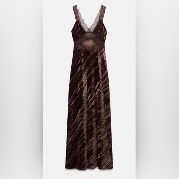 Zara Velvet Lace Trim Midi Dress Brown Slip Dress Size S 🤎 - Picture 13 of 13